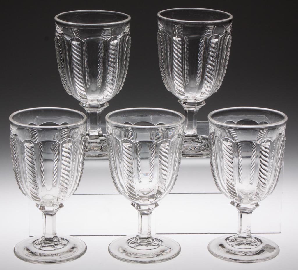 CABLE LARGE GOBLETS, LOT OF FIVE: CABLE LARGE GOBLETS, LOT OF FIVE, colorless lead glass. Third quarter 19th century. 6 3/8" H. Provenance: Lillian "Lil" and Walter "Bud" Marchant Collection/Lil-Bud Antiques.