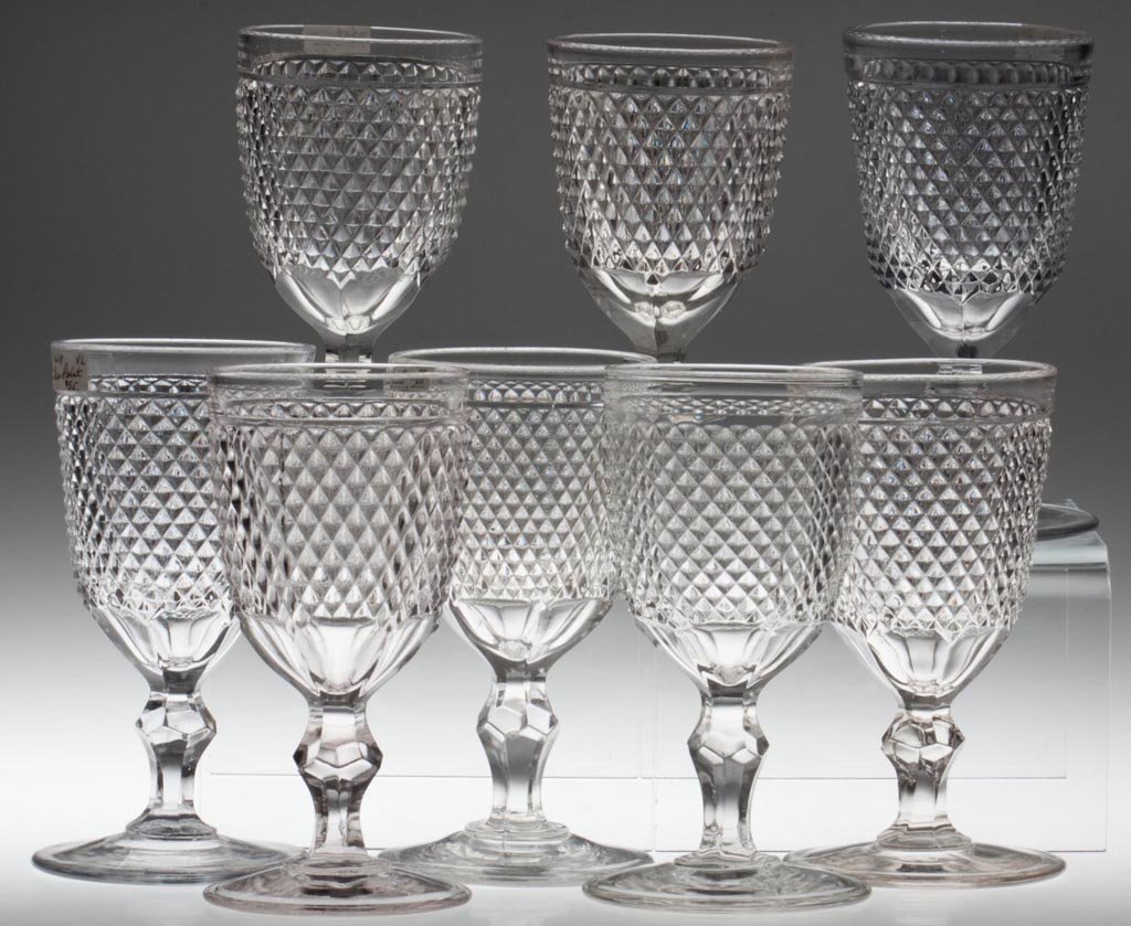DIAMOND POINT - KNOB-STEM GOBLETS, LOT OF EIGHT: DIAMOND POINT - KNOB-STEM GOBLETS, LOT OF EIGHT, colorless lead glass, four with polished pontil marks. Third quarter 19th century. 6 5/8" to 6 3/4" H. Provenance: Lillian "Lil" and Walter "Bud" March