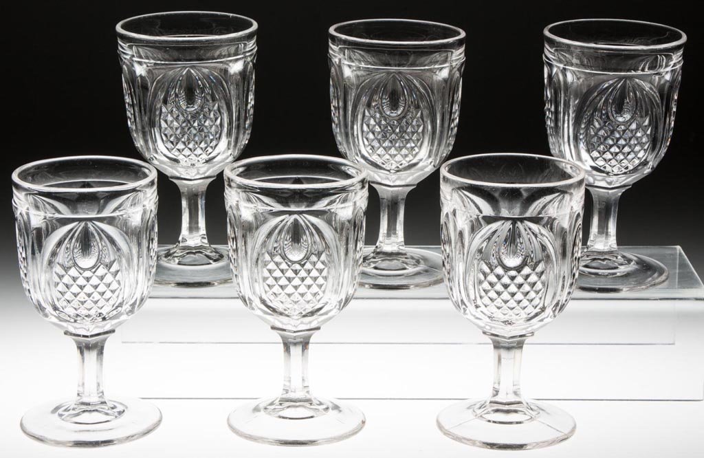 NEW ENGLAND PINEAPPLE LARGE GOBLETS, LOT OF SIX: NEW ENGLAND PINEAPPLE LARGE GOBLETS, LOT OF SIX, colorless lead glass. Third quarter 19th century. 6" to 6 1/8" H. Provenance: From a New Hampshire private collection.