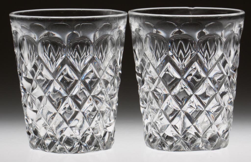 BAKEWELL BLOCK TUMBLERS, LOT OF TWO: BAKEWELL BLOCK TUMBLERS, LOT OF TWO, colorless lead glass, polished pontil mark. Third quarter 19th century. 4 1/8" H. Provenance: From the collection of the late Betty Jane Renn, Sunbury, PA.