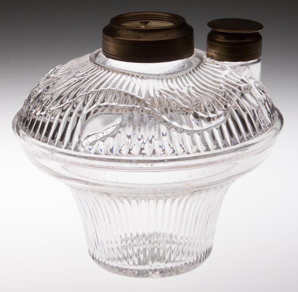 BELLFLOWER - SINGLE VINE FONT FOR SUSPENSION OR BRACKET: BELLFLOWER - SINGLE VINE FONT FOR SUSPENSION OR BRACKET LAMP, colorless lead glass, vine on shoulder flows left, plain ribbing on lower section, ten-petal rosette under base, brass fine-line collar, s