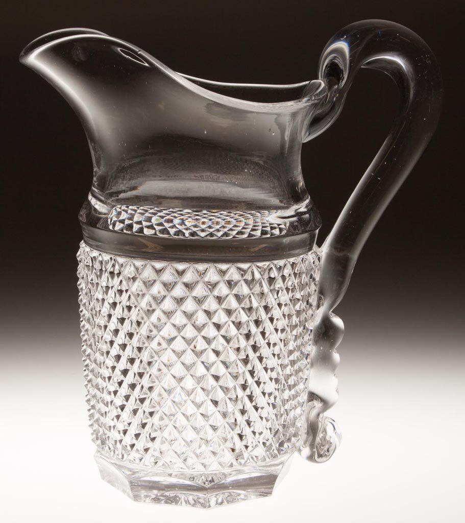 DIAMOND POINT / SHARP DIAMOND (OMN) WATER PITCHER: DIAMOND POINT / SHARP DIAMOND (OMN) WATER PITCHER, colorless lead glass, applied handle, octagonal base with 24 rays underneath and polished pontil mark. Boston and Sandwich Glass Co., New England Gla