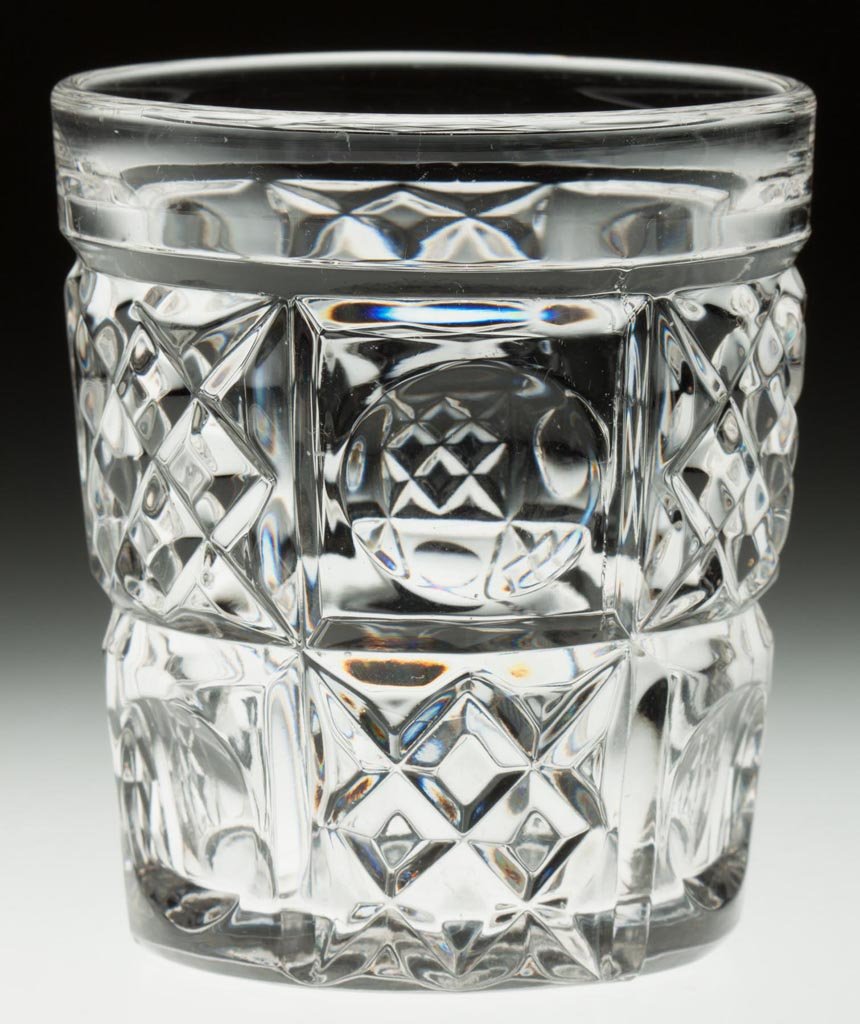 PENNSYLVANIA (OMN) / THUMBPRINT AND DIVIDED DIAMOND: PENNSYLVANIA (OMN) / THUMBPRINT AND DIVIDED DIAMOND TUMBLER, colorless lead glass, with polished pontil mark. Bakewell, Pears & Co. Third quarter 19th century. 3 3/4" H. Provenance: Collection of the 