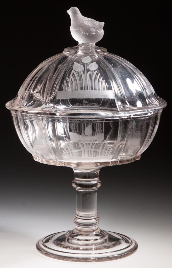 FROSTED CHICKEN COVERED COMPOTE: FROSTED CHICKEN COVERED COMPOTE, colorless, with engraved foliate decoration. Fourth quarter 19th century. 13" HOA. Provenance: From the collection of the late Betty Jane Renn, Sunbury, PA.