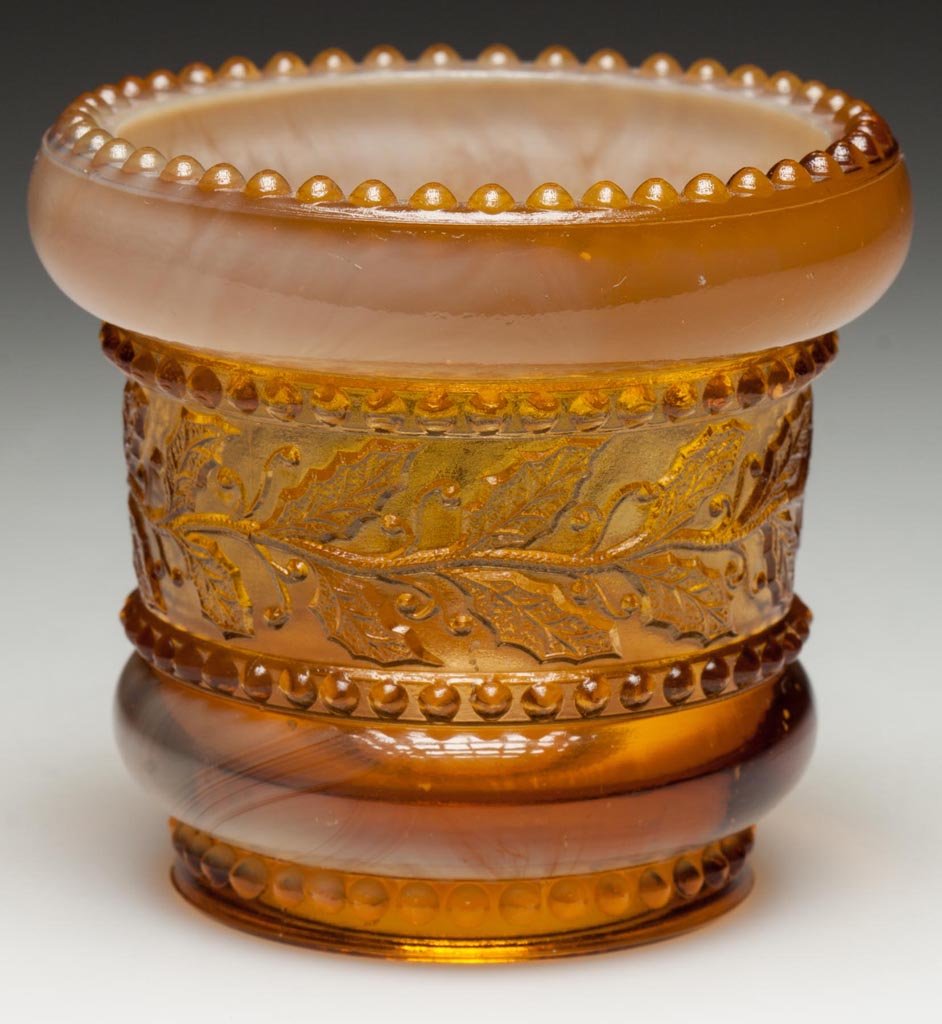 GREENTOWN NO. 450 / HOLLY AMBER TOOTHPICK HOLDER: GREENTOWN NO. 450 / HOLLY AMBER TOOTHPICK HOLDER, golden agate. Indiana Tumbler and Goblet Co. Pattern introduced 1902. 2 1/2" HOA. Provenance: Collection of Jessie and the late Eugene Long, Broadway,