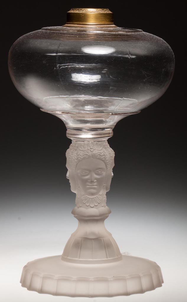 THREE FACE / DUNCAN NO. 400 NO. 6 STAND LAMP: THREE FACE / DUNCAN NO. 400 NO. 6 STAND LAMP, colorless and frosted, unpatterned font, No. 1 Atwood collar. Geo. Duncan & Sons. Pattern introduced circa 1878. 10 1/2" H, 6 1/4" D font, 5 1/2" D foot. 