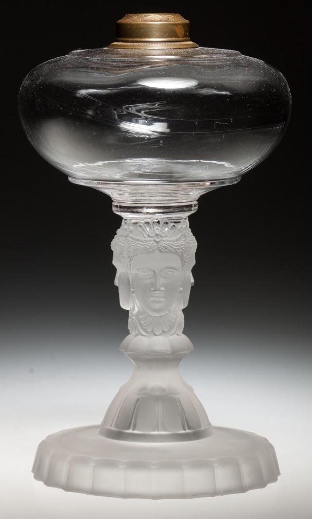 THREE FACE / DUNCAN NO. 400 NO. 5 STAND LAMP: THREE FACE / DUNCAN NO. 400 NO. 5 STAND LAMP, colorless and frosted, unpatterned font, No. 1 Atwood collar. Geo. Duncan & Sons. Pattern introduced circa 1878. 8 3/4" H, 5 1/8" D font, 4 3/4" D foot. L
