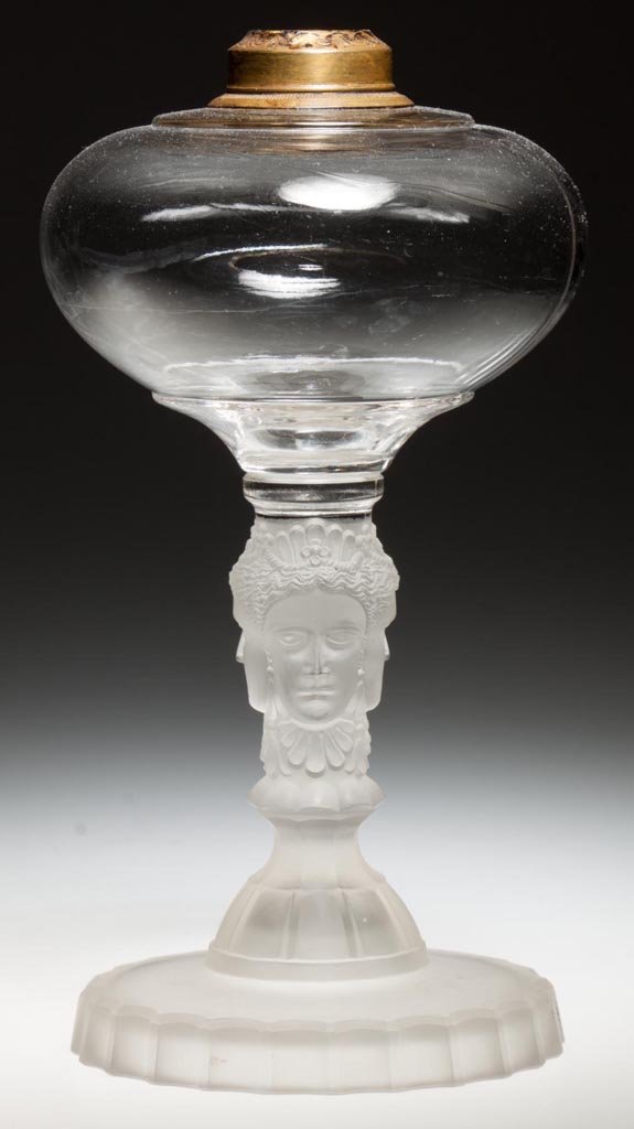 THREE FACE / DUNCAN NO. 400 NO. 4 STAND LAMP: THREE FACE / DUNCAN NO. 400 NO. 4 STAND LAMP, colorless and frosted, unpatterned font, No. 1 Atwood collar. Geo. Duncan & Sons. Pattern introduced circa 1878. 8 1/2" H, 4 5/8" D font, 4 1/4" D foot. L
