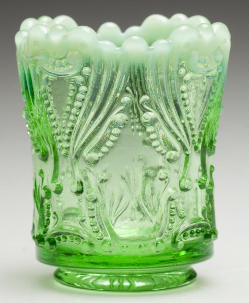 IDYLL TOOTHPICK HOLDER: IDYLL TOOTHPICK HOLDER, green opalescent. Jefferson Glass Co. Pattern introduced 1907. 2 1/2" HOA. Provenance: From a Washington state private collection.