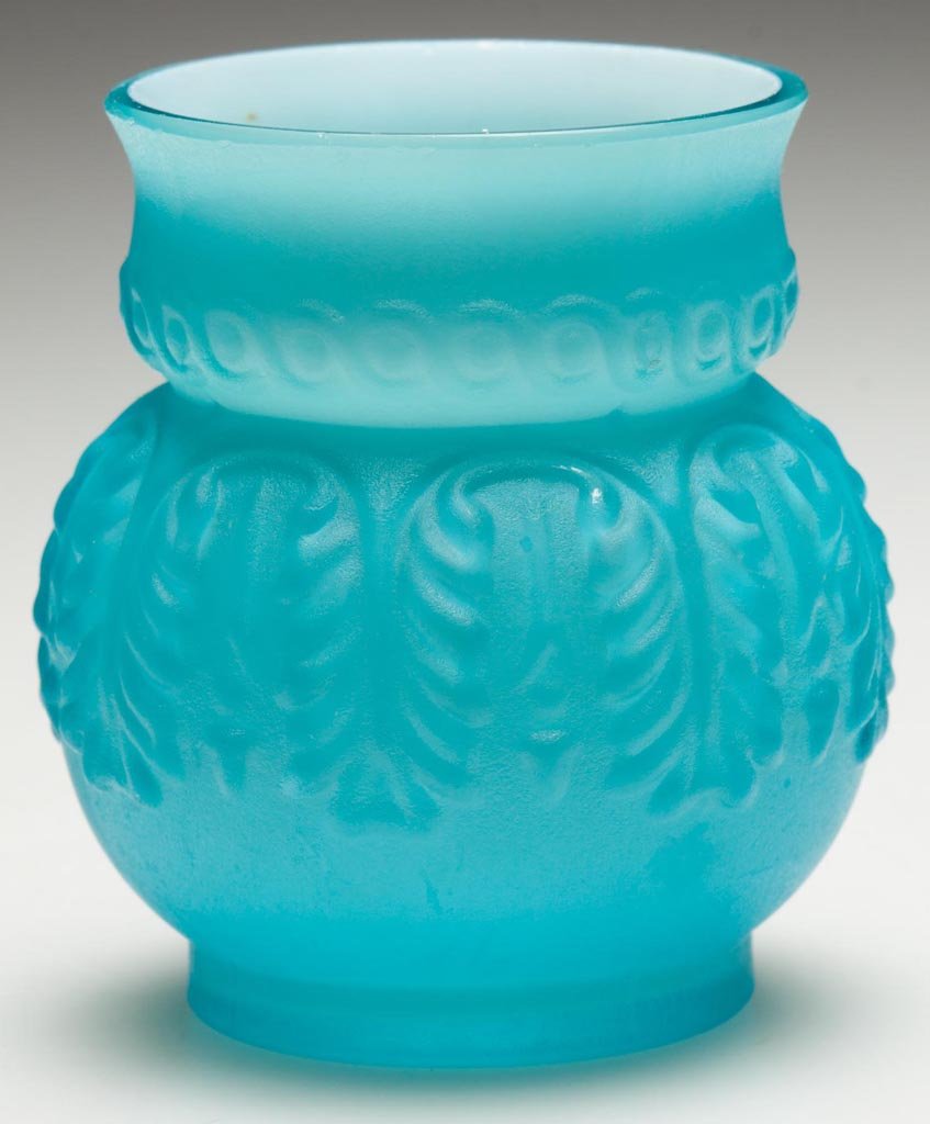 NORTHWOOD NO. 263 / LEAF UMBRELLA TOOTHPICK HOLDER: NORTHWOOD NO. 263 / LEAF UMBRELLA TOOTHPICK HOLDER, blue satin. Northwood Glass Co. Pattern introduced 1889. 2 1/2" HOA. Provenance: From a Washington state private collection.