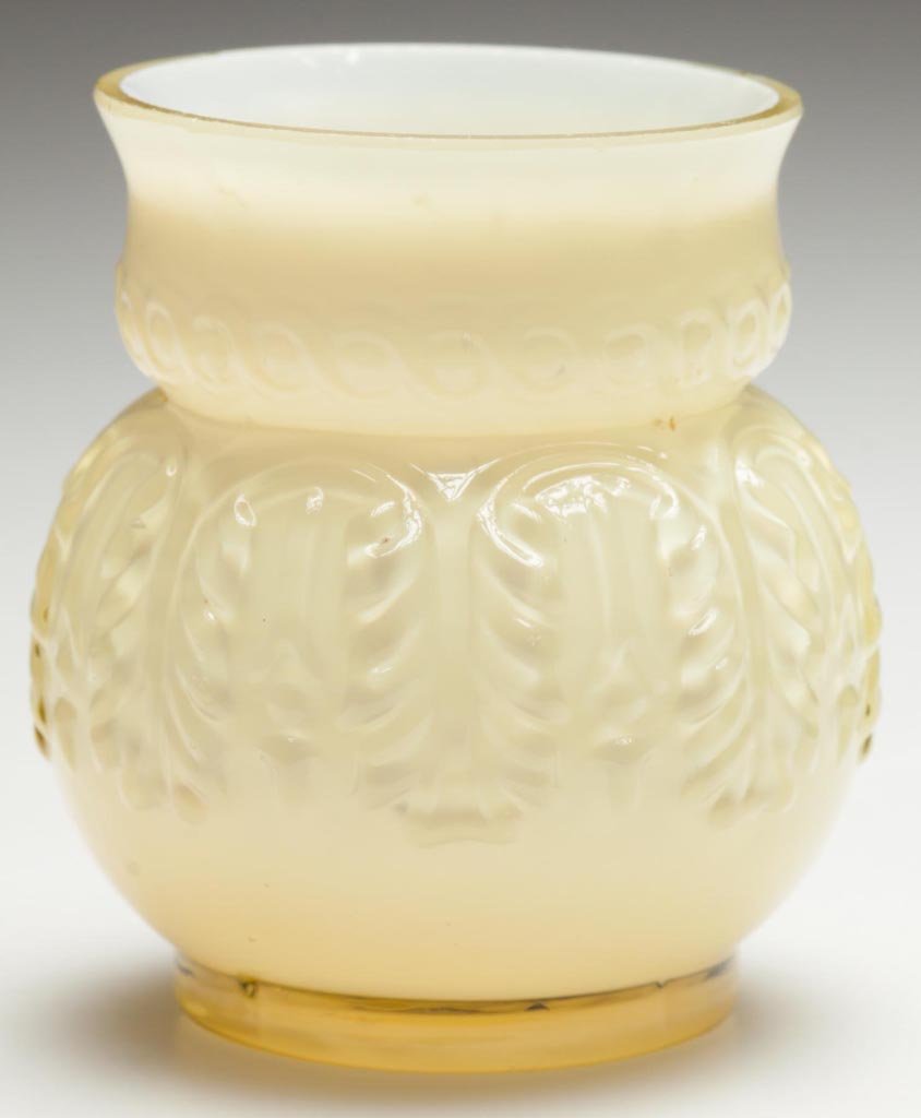 NORTHWOOD NO. 263 / LEAF UMBRELLA TOOTHPICK HOLDER: NORTHWOOD NO. 263 / LEAF UMBRELLA TOOTHPICK HOLDER, lemon glossy. Northwood Glass Co. Pattern introduced 1889. 2 1/2" HOA. Provenance: From a Washington state private collection. Mike Clum Auction, 3/