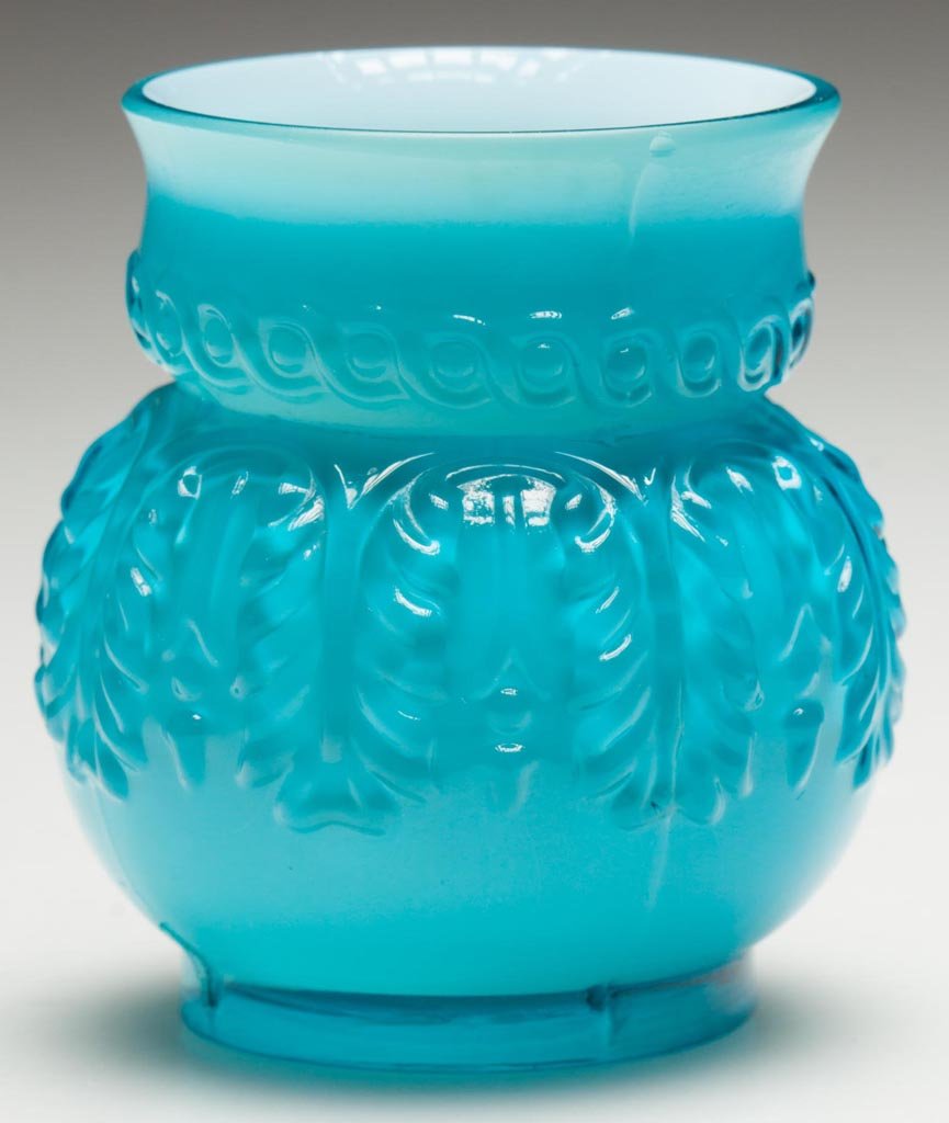 NORTHWOOD NO. 263 / LEAF UMBRELLA TOOTHPICK HOLDER: NORTHWOOD NO. 263 / LEAF UMBRELLA TOOTHPICK HOLDER, blue glossy. Northwood Glass Co. Pattern introduced 1889. 2 1/2" HOA. Provenance: From a Washington state private collection.