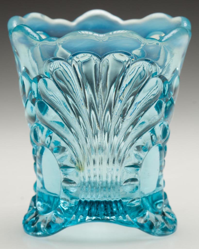 TOKYO TOOTHPICK HOLDER: TOKYO TOOTHPICK HOLDER, blue opalescent. Jefferson Glass Co. Pattern introduced 1904. 2 3/8" HOA. Provenance: From a Washington state private collection.