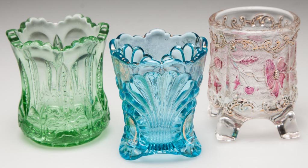 ASSORTED EAPG TOOTHPICK HOLDERS, LOT OF THREE: ASSORTED EAPG TOOTHPICK HOLDERS, LOT OF THREE, green, blue with gilt decoration, and clear with rose staining and gilt decoration, comprising Tokyo, Iris with Meander, and Bohemian Rose/Floradora patt