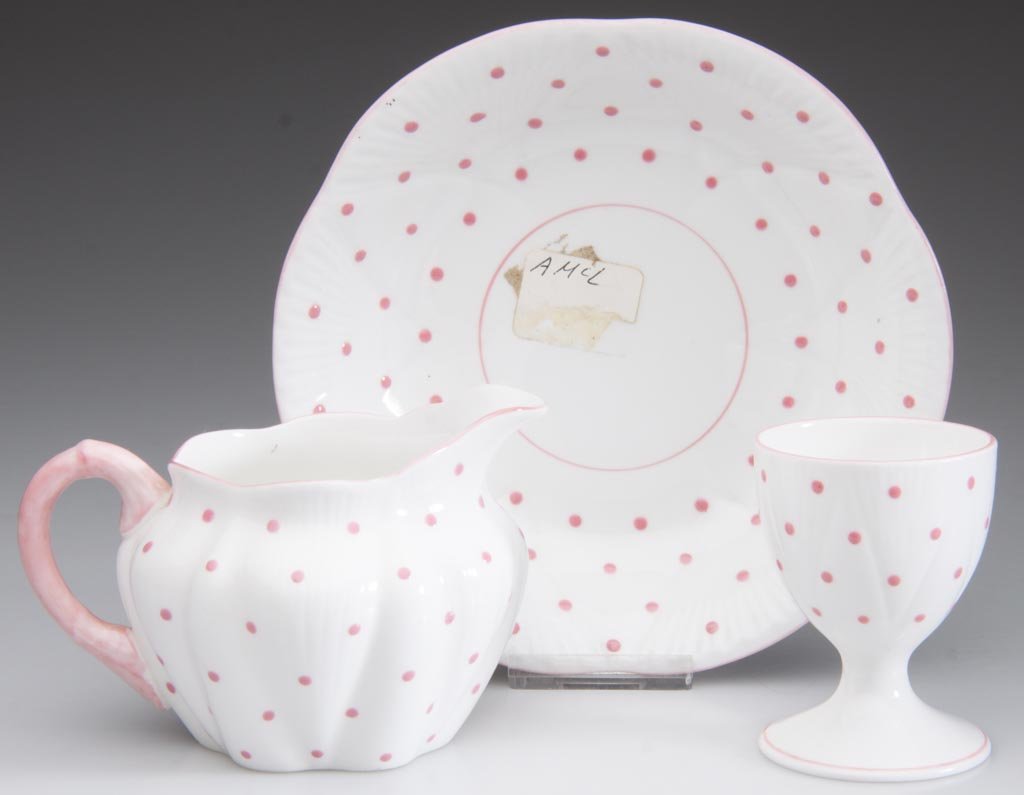 ENGLISH PORCELAIN SHELLEY CHINA LTD., LOT OF THREE ARTI: ENGLISH PORCELAIN SHELLEY CHINA LTD., LOT OF THREE ARTICLES "PINK POLKA DOT" PATTERN "DAINTY" SHAPED CREAMER, EGG CUP AND SMALL DISH, all with green printed factory marks, the creamer underside with h