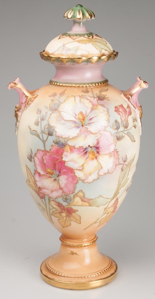GERMAN POTTERY FRANZ ANTON MEHLEM, ROYAL BONN FACTORY E: GERMAN POTTERY FRANZ ANTON MEHLEM, ROYAL BONN FACTORY EGG-FORM JAR WITH DOMED COVER AND TWO HANDLES, with ruffled everted mouth, over a pinched neck, with faux beaded collar, two stylized gryphon-form