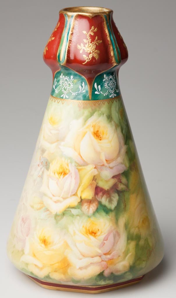 GERMAN POTTERY FRANZ ANTON MEHLEM, ROYAL BONN FACTORY A: GERMAN POTTERY FRANZ ANTON MEHLEM, ROYAL BONN FACTORY ART NOUVEAU BULB VASE WITH SWOLLEN BODY, the mouth over a quatre-lobed bulb section, above a swelling cylindrical body, resting on a low octagonal