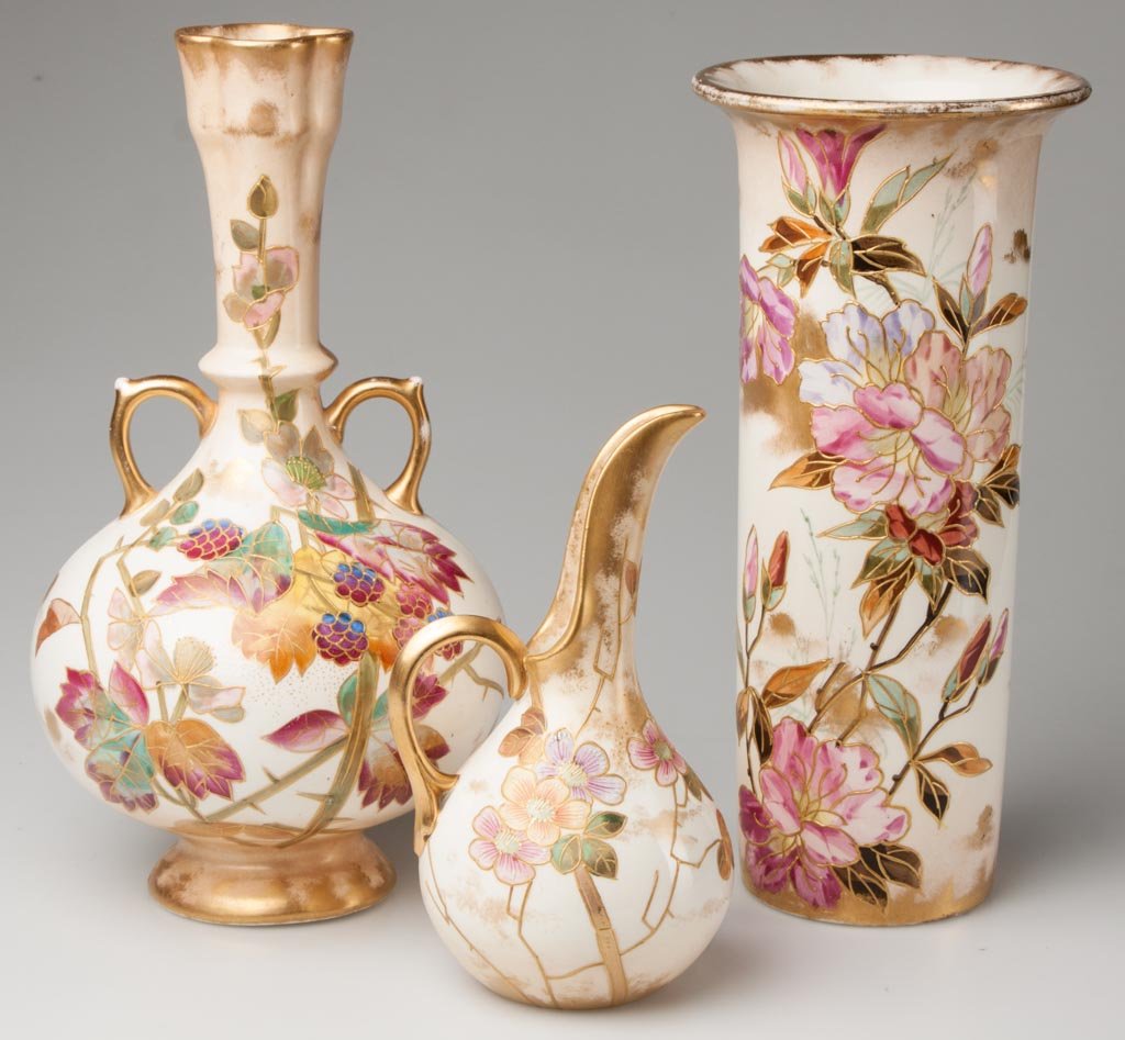 GERMAN POTTERY FRANZ ANTON MEHLEM, ROYAL BONN FACTORY L: GERMAN POTTERY FRANZ ANTON MEHLEM, ROYAL BONN FACTORY LOT OF THREE IVORY WARE VESSELS, INCLUDING TWO VASES AND A EWER, comprising a small ewer with peach-ground mouth; a globular two-handled vase with