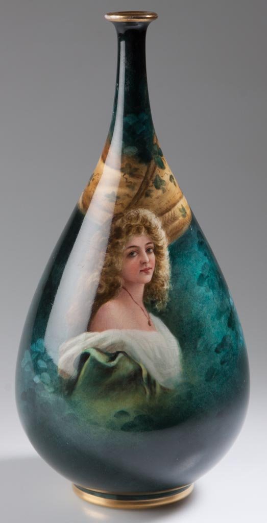 GERMAN POTTERY FRANZ ANTON MEHLEM, ROYAL BONN FACTORY P: GERMAN POTTERY FRANZ ANTON MEHLEM, ROYAL BONN FACTORY PORTRAIT VASE WITH NARROW NECK AND SWOLLEN BODY, with gilt bands to mouth and foot, hand-painted in mottled shades of turquoise to dark Prussian b
