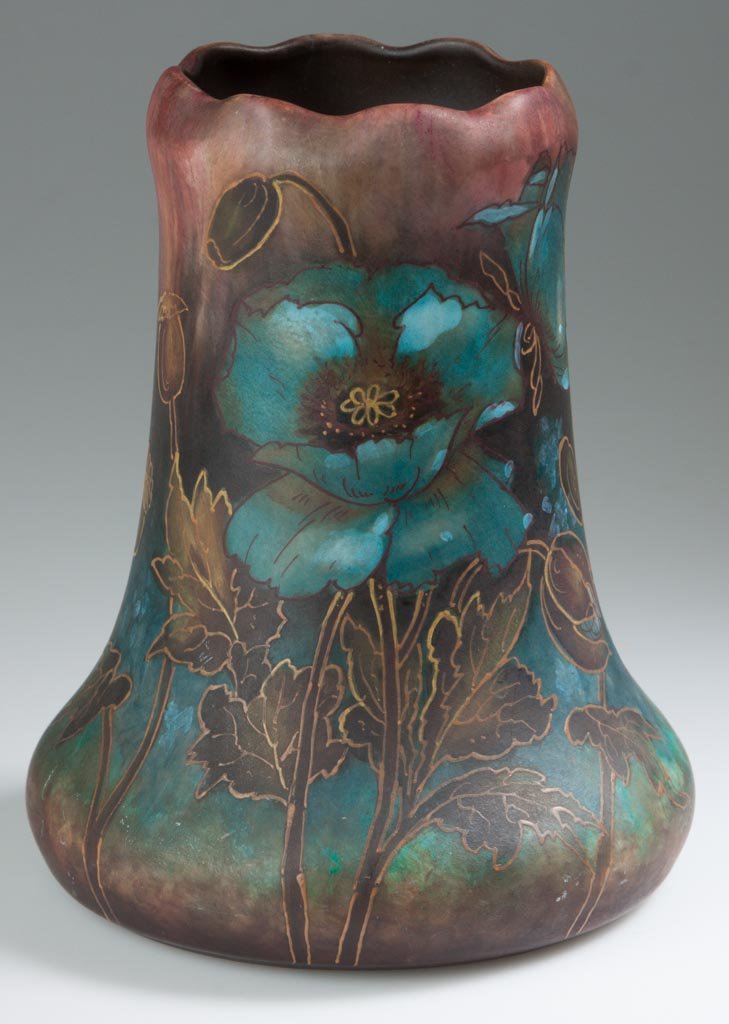 GERMAN POTTERY FRANZ ANTON MEHLEM, ROYAL BONN FACTORY A: GERMAN POTTERY FRANZ ANTON MEHLEM, ROYAL BONN FACTORY ART NOUVEAU "MUSTERSCHUTZ" VASE, with pinched mouth the cylindrical body with swollen base, body painted all-over with mottled purple, red, orange