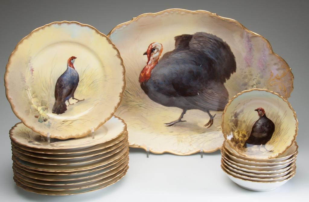 FRENCH PORCELAIN ELITE WORKS LIMOGES PORCELAIN 20-PIECE: FRENCH PORCELAIN ELITE WORKS LIMOGES PORCELAIN 20-PIECE GAME SERVICE, comprising a large scalloped platter; 11 dinner plates and eight side dishes, all with scallop-molded edges, with gilt bands to ri