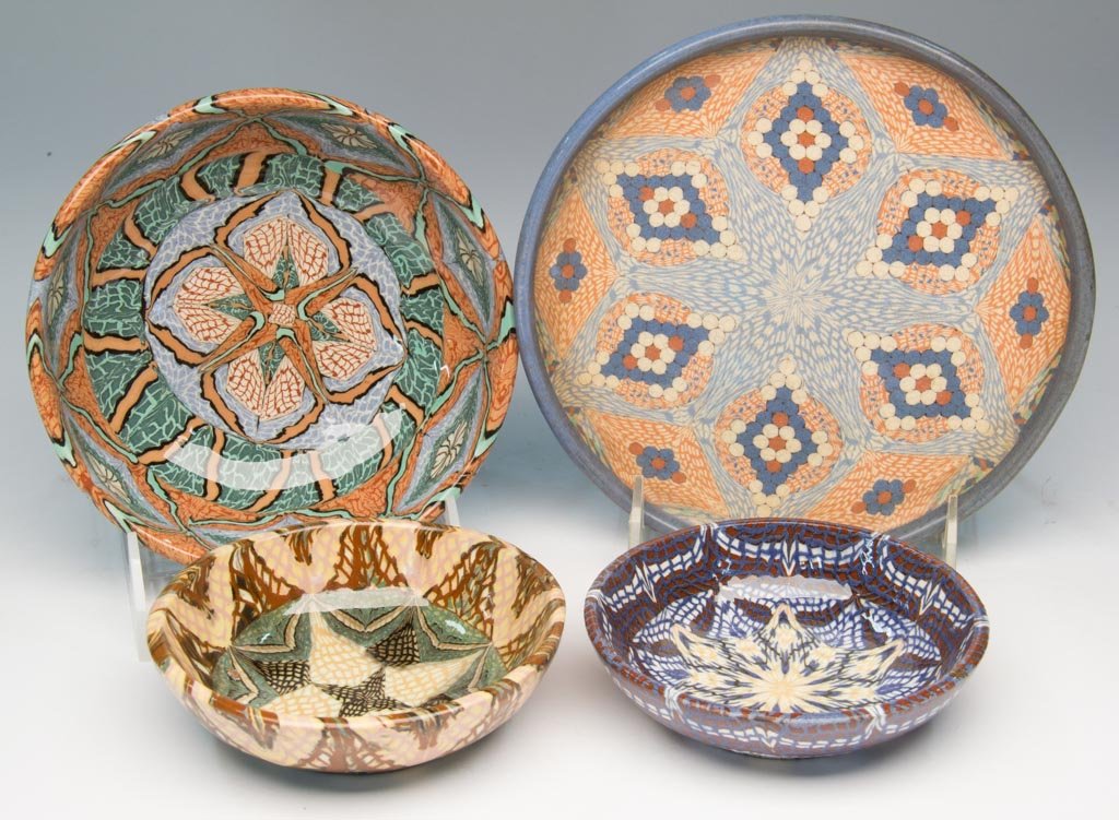FRENCH ART DECO POTTERY, JEAN GERBINO (1876-1966), VALL: FRENCH ART DECO POTTERY, JEAN GERBINO (1876-1966), VALLAURIS MOSAIC-TECHNIQUE TABLEWARES, LOT OF FOUR ARTICLES, including three bowls and a small dish, all with typical mosaic technique geometric patt