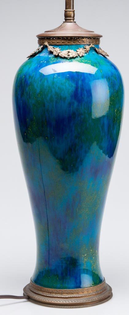 FRENCH AESTHETIC-PERIOD POTTERY PAUL MILET (1870-1950),: FRENCH AESTHETIC-PERIOD POTTERY PAUL MILET (1870-1950), SEVRES POTTERY BRASS-MOUNTED LAMPED VASE, a large baluster-form vase with tapering cylindrical vase, with period brass mounted foliate garlands