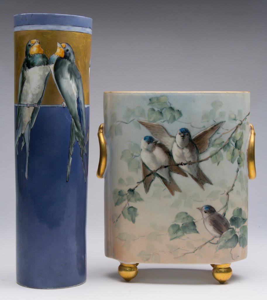 CONTINENTAL PORCELAIN VASES, HAND-PAINTED WITH SPARROWS: CONTINENTAL PORCELAIN VASES, HAND-PAINTED WITH SPARROWS, a Secessionist-era BAVARIAN example of cylindrical form, painted in a blue-grey ground, with a wide gilt band below the rim, with two clusters