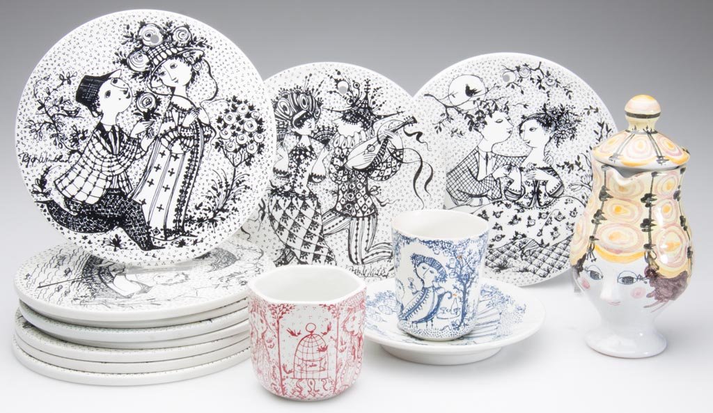 DANISH NYMOLLE POTTERY BJORN WIINBLAD (1918-2006) ARTIC: DANISH NYMOLLE POTTERY BJORN WIINBLAD (1918-2006) ARTICLES, LOT OF 14, including 10 plaques of the "Seasons," a "Garden Party" pattern tumbler and saucer; a hexagonal tumbler; and a footed cruet bottl