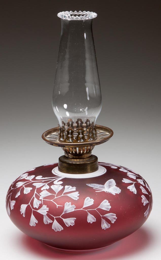 ENGLISH CAMEO JUNIOR LAMP BASE: ENGLISH CAMEO JUNIOR LAMP BASE, white cut to cinnamon, ground with satin finish, maidenhair fern and butterfly pattern, period No. 1 collar. Fitted with period burner components and shade ring. Non-pe