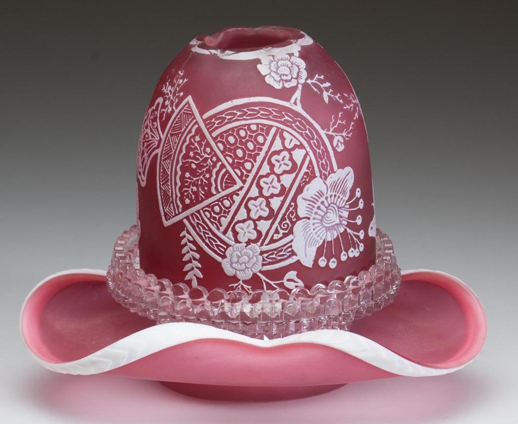 ACID CUT-BACK CAMEO FAIRY LAMP: ACID CUT-BACK CAMEO FAIRY LAMP, white to deep rose, satin finish, fairy-size dome featuring a Japanesque decoration with butterflies on both sides, fitted on a colorless lamp cup marked with Clarke's 