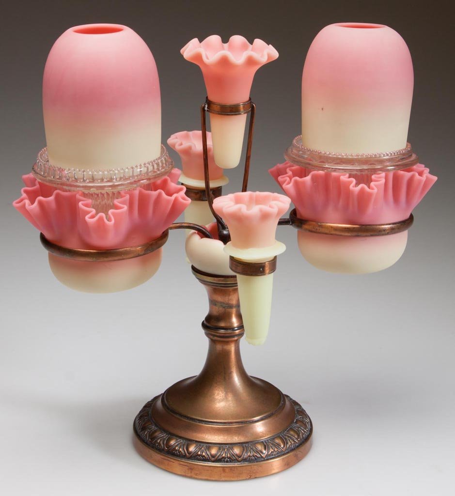 WEBB BURMESE EPERGNE FAIRY LAMP: WEBB BURMESE EPERGNE FAIRY LAMP, plush finish, two pyramid-size domes, fitted on colorless lamp cups with S. Clarke's patent, six-pointed star crimped-rim bases, and three flower holders. Fitted in a 