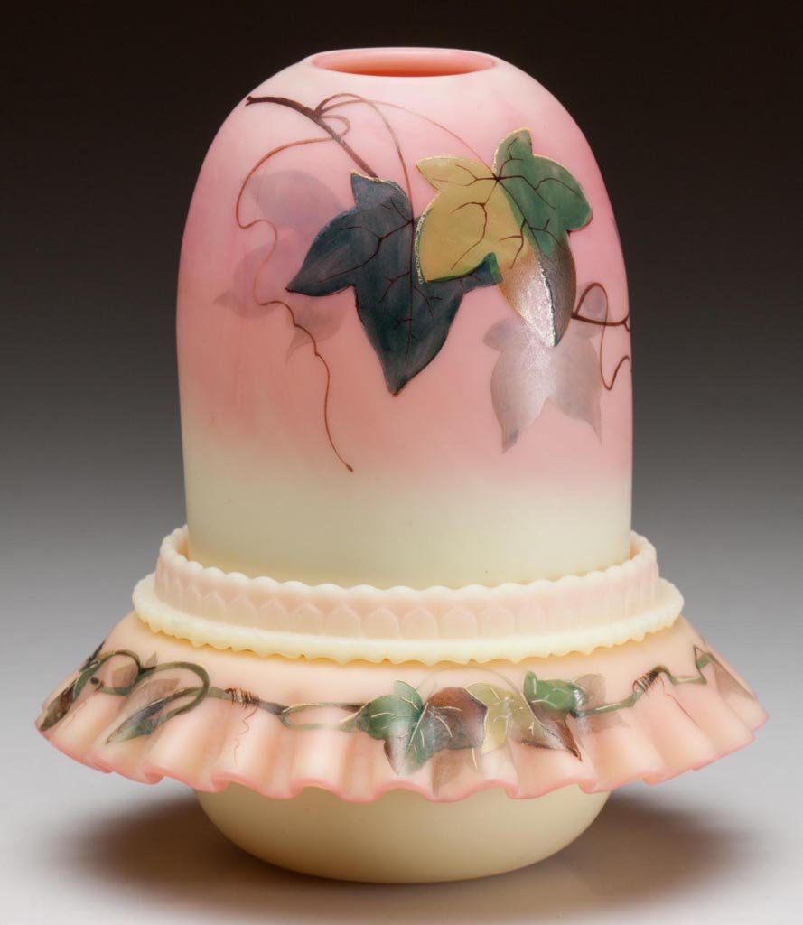 WEBB BURMESE FAIRY LAMP: WEBB BURMESE FAIRY LAMP, plush finish, fairy-size dome with polychrome Ivy decoration, fitted with a non-period Fenton Burmese lamp cup, down-turned ruffle petticoat base with matching decoration, sta