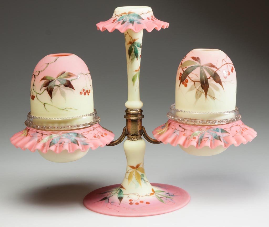 WEBB BURMESE EPERGNE FAIRY LAMP: WEBB BURMESE EPERGNE FAIRY LAMP, plush finish with polychrome Woodbine decoration on all pieces, two fairy-size domes fitted on colorless lamp cups with S. Clarke's patent and petticoat crimped-rim ba