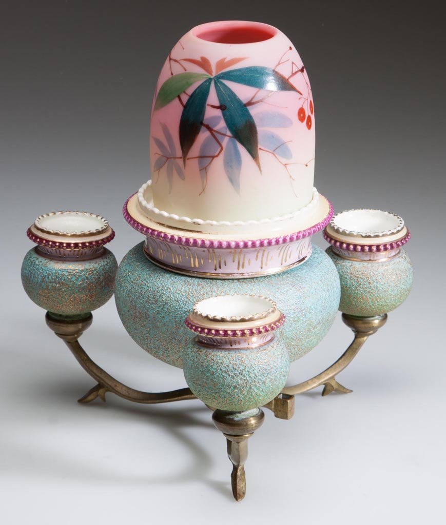 WEBB BURMESE AND CERAMIC FAIRY LAMP: WEBB BURMESE AND CERAMIC FAIRY LAMP, plush finish, pyramid-size dome with polychrome Woodbine decoration, fitted on a removable, ceramic lamp cup with S. Clarke's patent, bottom marked for Taylor, Tun