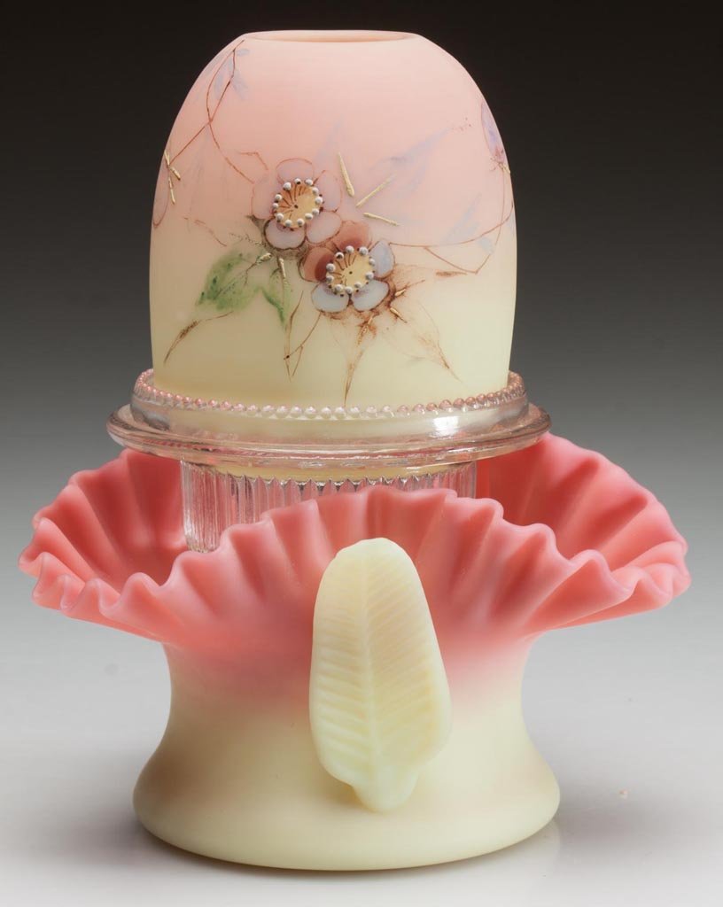 WEBB BURMESE FAIRY LAMP: WEBB BURMESE FAIRY LAMP, plush finish, pyramid-size dome with polychrome Prunus decoration, fitted on a colorless lamp cup with S. Clarke patent, tri-corner fluted base with a yellow leaf attached to 