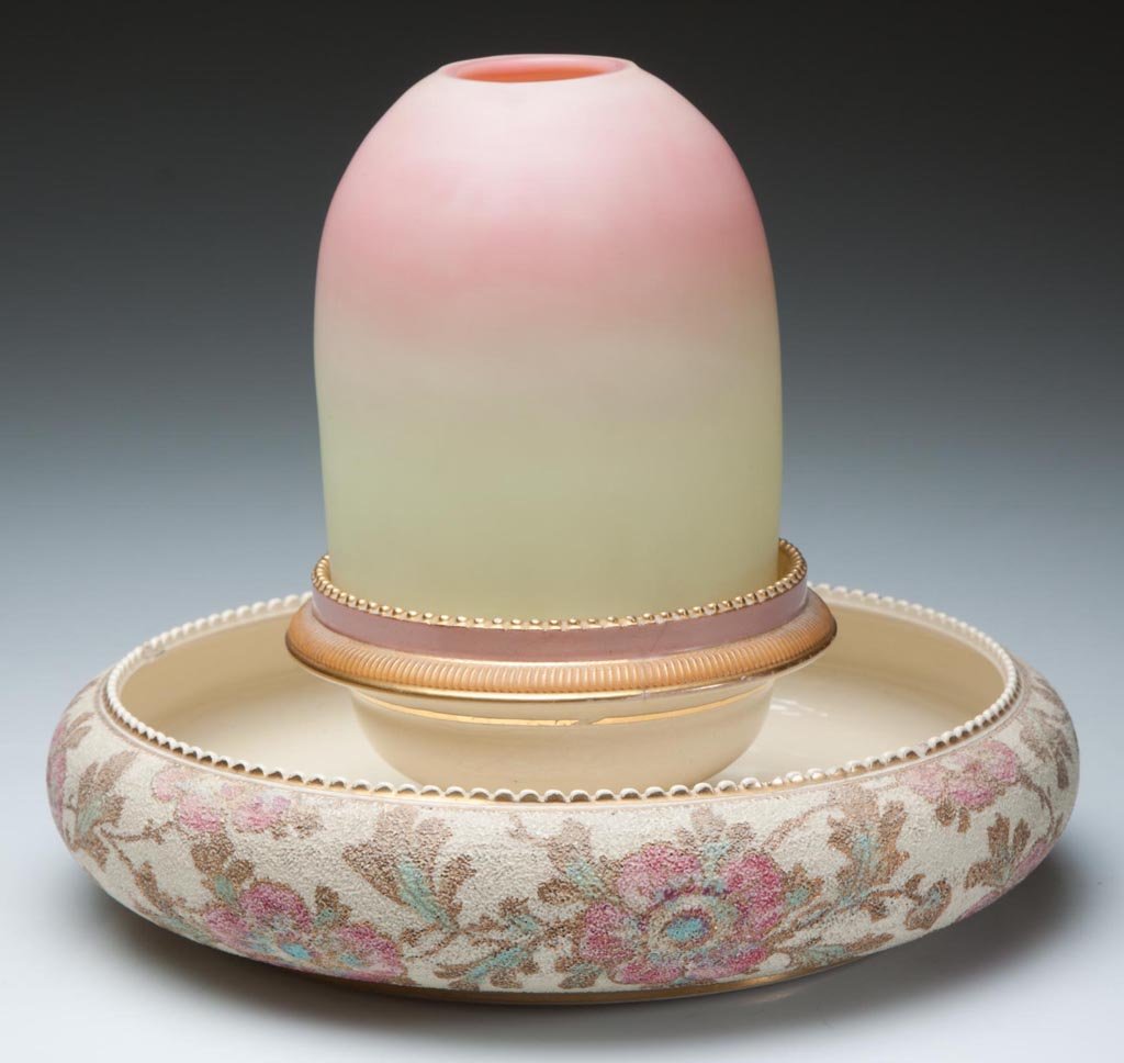 WEBB BURMESE AND CERAMIC FAIRY LAMP: WEBB BURMESE AND CERAMIC FAIRY LAMP, plush finish, pyramid-size dome, fitted on a ceramic lamp cup with S. Clarke's patent and integral Tapestry Ware flower-bowl base marked for Taylor, Tunnicliffe & 