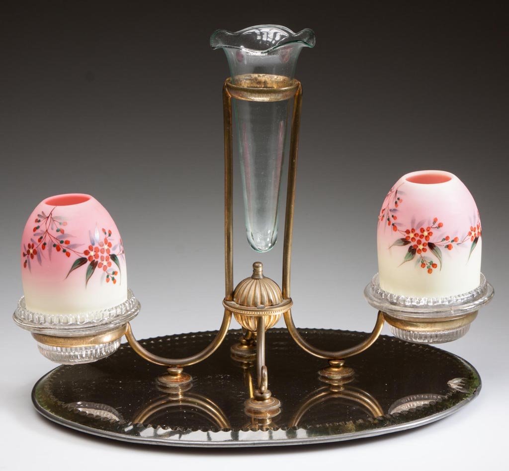 BURMESE EPERGNE PLATEAU FAIRY LAMP: BURMESE EPERGNE PLATEAU FAIRY LAMP, plush finish with polychrome forget-me-not decoration, two pyramid-size domes fitted on colorless lamp cups with S. Clarke's patent, supported on two gilt-brass arm
