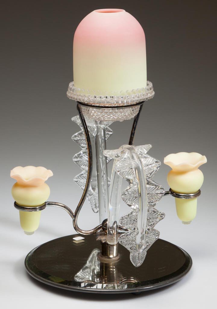 BURMESE PLATEAU EPERGNE FAIRY LAMP: BURMESE PLATEAU EPERGNE FAIRY LAMP, plush finish, featuring a fairy-size dome fitted in a marked Clarke Cricklite colorless lamp cup, and two scallop-rim flower holders, all supported in a silver-plat