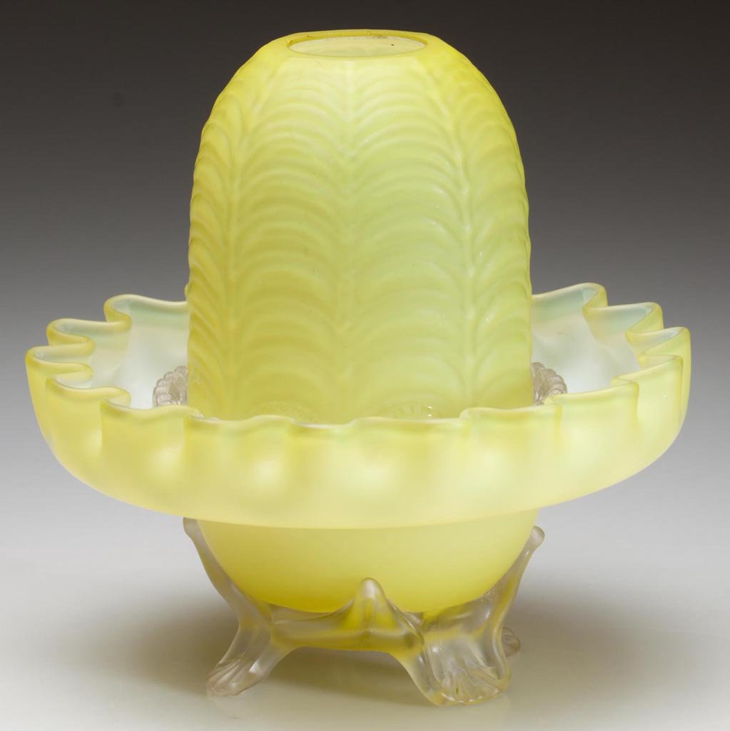CASED SATIN GLASS FAIRY LAMP: CASED SATIN GLASS FAIRY LAMP, bright lemon yellow, fairy-size dome molded with a vertical drape pattern, fitted in a colorless lamp cup marked with Clarke's Cricklite patent, matching bowl base with c
