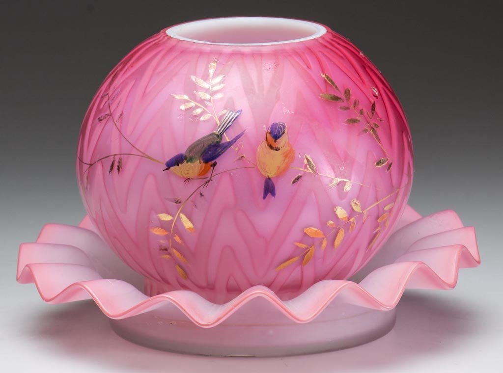 HERRINGBONE AIR-TRAP MOTHER-OF-PEARL SATIN GLASS FAIRY : HERRINGBONE AIR-TRAP MOTHER-OF-PEARL SATIN GLASS FAIRY LAMP, cased shaded rose, ball-shaped fairy-size dome with air vents in bottom edge, finely decorated with English robins and gilt foliage, fitted