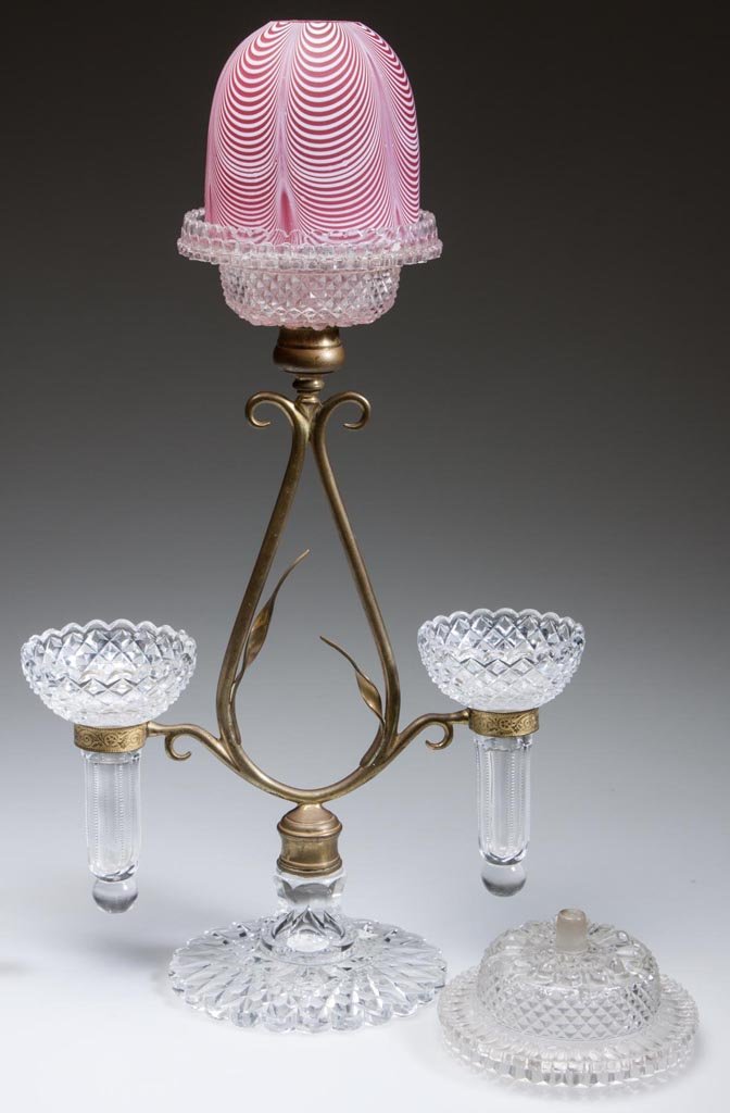 NAILSEA / VENETIAN THREAD FAIRY LAMP ON STANDARD: NAILSEA / VENETIAN THREAD FAIRY LAMP ON STANDARD, opal loops on ruby, satin finish, fairy-size dome fitted on a Clarke's Cricklite colorless pegged lamp cup raised on a gilt-brass harp-form standard w