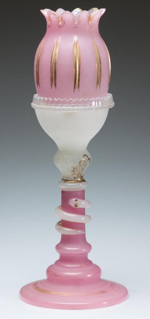 OPALINE GLASS FAIRY LAMP ON STANDARD: OPALINE GLASS FAIRY LAMP ON STANDARD, alabaster/clambroth and rose with satin finish and gilt decoration, fairy-size petal-top shade fitted on a colorless lamp cup marked with Clarke's Cricklite paten