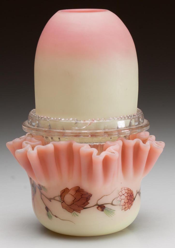 WEBB BURMESE FAIRY LAMP: WEBB BURMESE FAIRY LAMP, plush finish, fairy-size dome, fitted on a colorless lamp cup with S. Clarke's patent, base with deep pie-crust crimped rim and polychrome Larch decoration. Thomas Webb & Sons