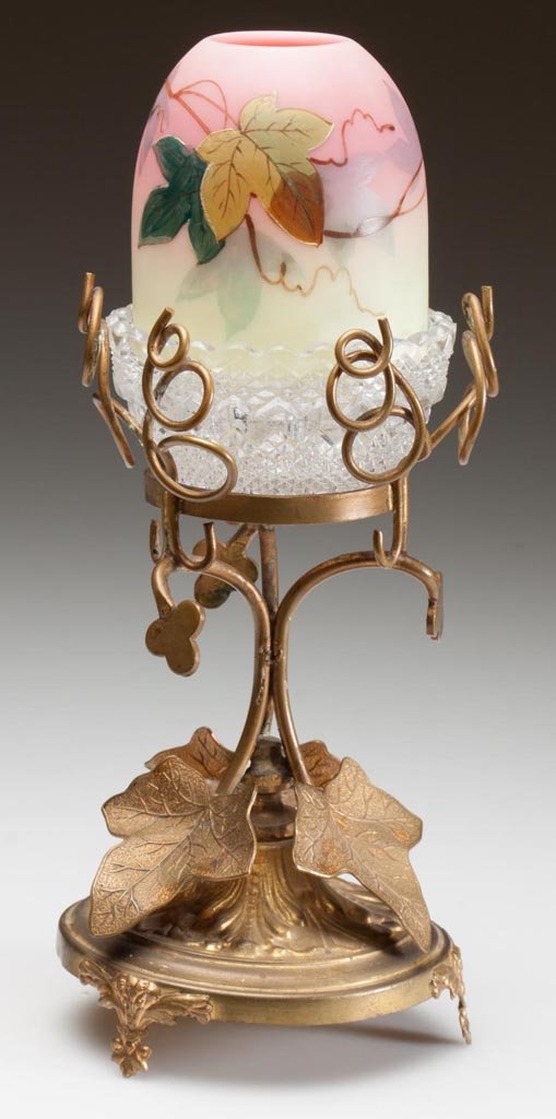 WEBB BURMESE FAIRY LAMP: WEBB BURMESE FAIRY LAMP, plush finish, pyramid-size dome with polychrome Ivy decoration, fitted on a period colorless lamp cup marked with S. Clarke's patent. Each fitted in a an unmarked metal stand.