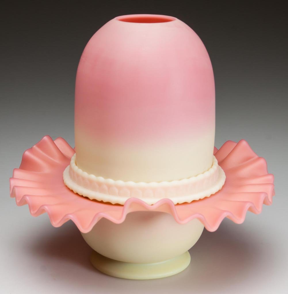 WEBB BURMESE FAIRY LAMP: WEBB BURMESE FAIRY LAMP, plush finish, fairy-size dome fitted on a non-Period Fenton lamp cup, double-ruffled base with S. Clarke's patent and an applied foot marked for Thomas Webb and Sons. Thomas W