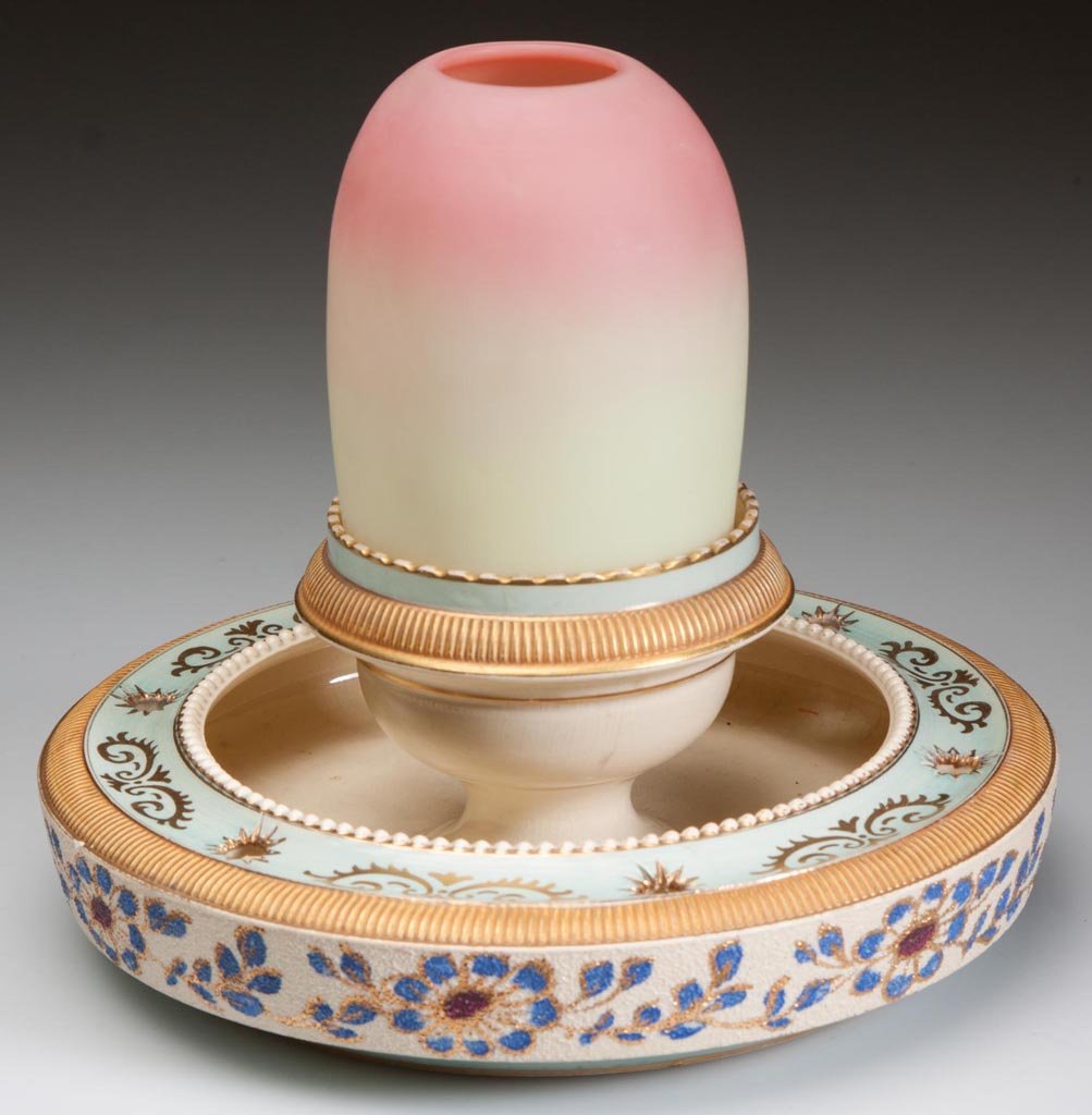 WEBB BURMESE AND CERAMIC FAIRY LAMP: WEBB BURMESE AND CERAMIC FAIRY LAMP, plush finish, pyramid-size dome, fitted on a ceramic lamp cup with S. Clarke's patent and integral Tapestry Ware flower-bowl base marked for Taylor, Tunnicliffe & 