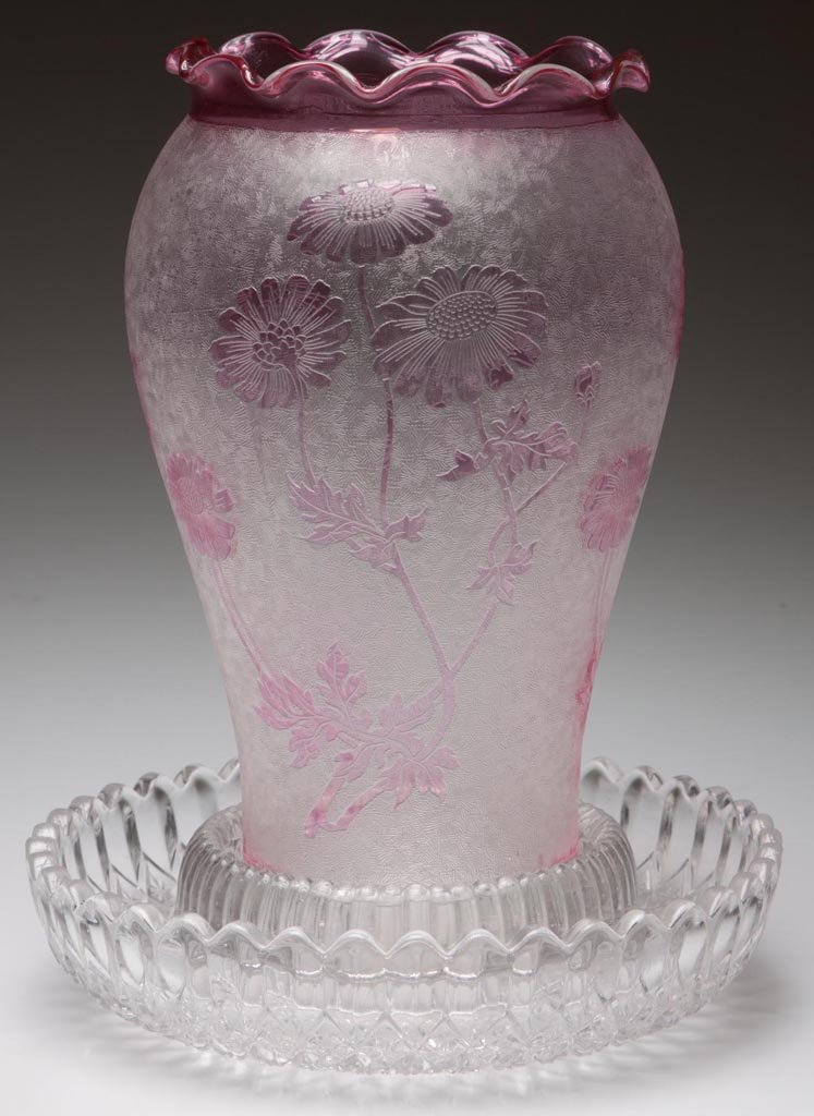 ACID CUT-BACK CAMEO FAIRY LAMP: ACID CUT-BACK CAMEO FAIRY LAMP, rose cut to colorless, large-size inverted-baluster dome with a crimped rim and floral decoration, fitted on a colorless lamp cup with flower moat and Clarke's patent m