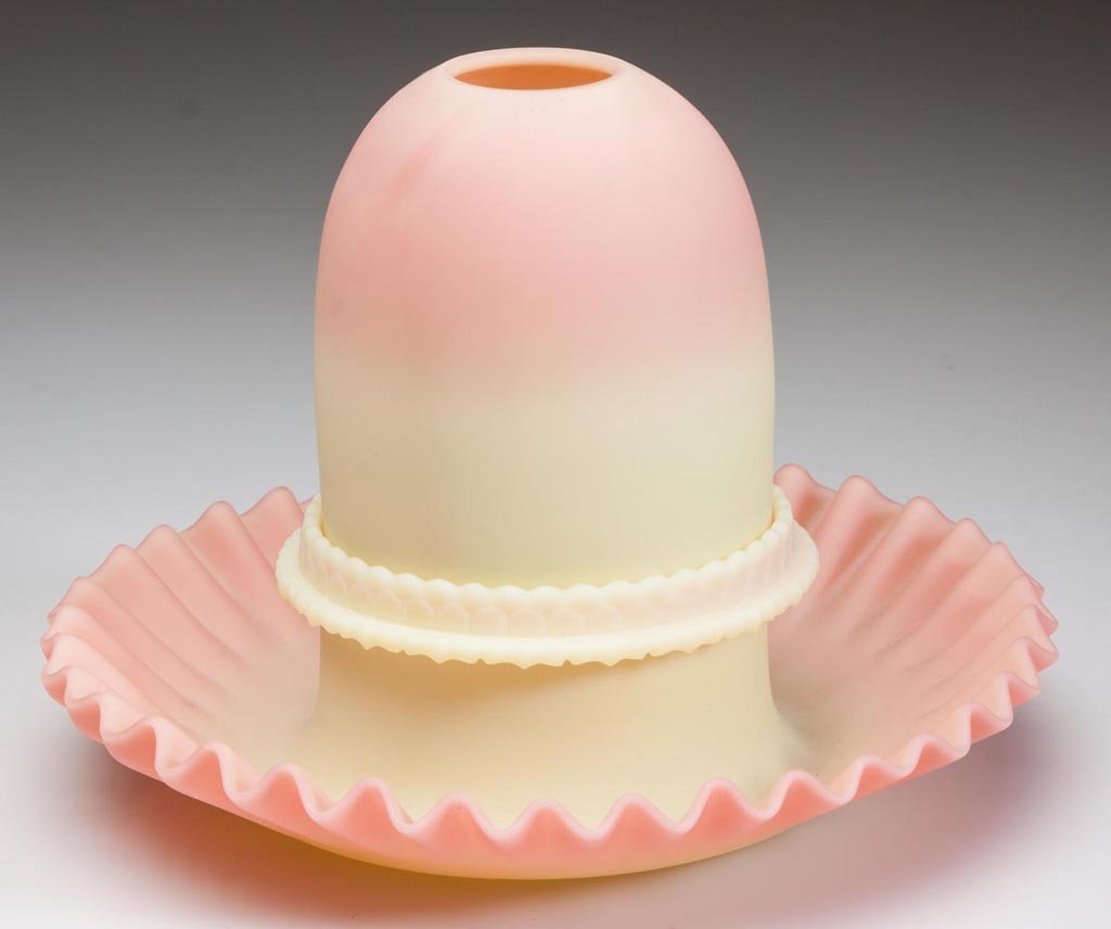 WEBB BURMESE FAIRY LAMP: WEBB BURMESE FAIRY LAMP, plush finish, fairy-size dome fitted on a non-period Fenton Burmese lamp cup, and reversible-skirt base with a crimped rim, marked for Thomas Webb and Sons. Thomas Webb & Sons