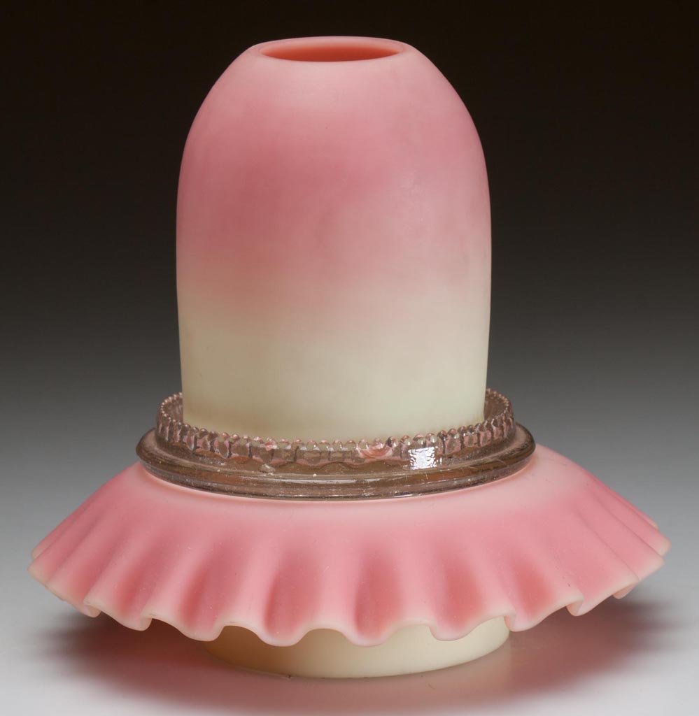 WEBB BURMESE FAIRY LAMP: WEBB BURMESE FAIRY LAMP, plush finish, pyramid-size dome, fitted on a colorless lamp cup marked for S. Clarke, reversible skirted base with a crimped rim. Thomas Webb & Sons. Late 19th century. 4 3/4"
